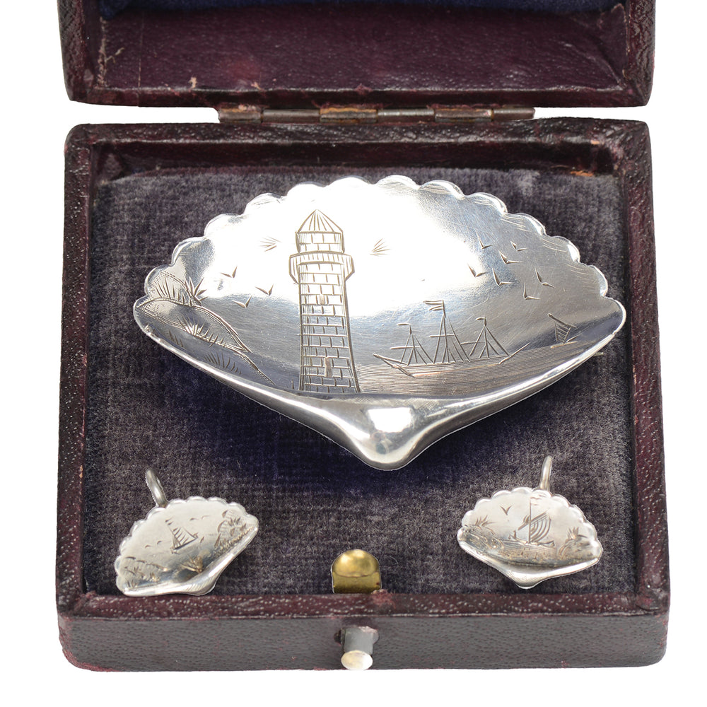 Silver Shell Motif Seascape Brooch & Earrings in box