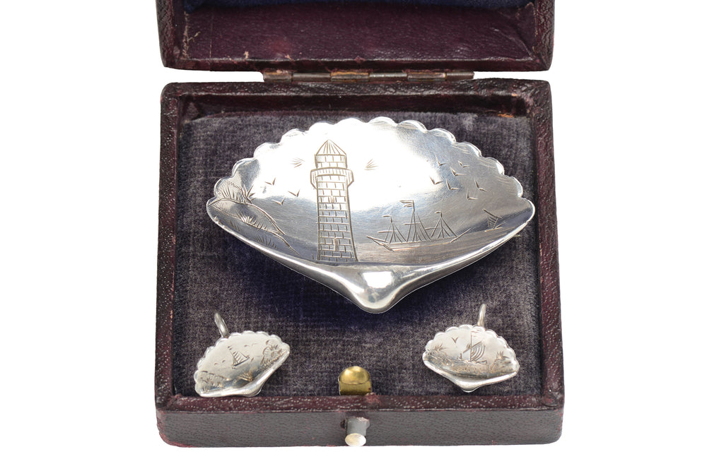 Silver Shell Motif Seascape Brooch & Earrings in box