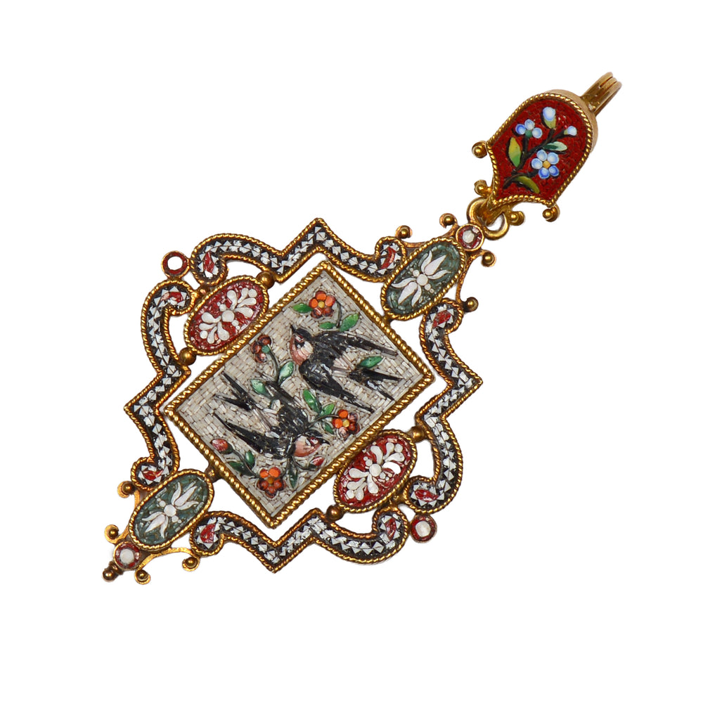 Antique Barn Swallow Bird Micromosaic Gold Pendant