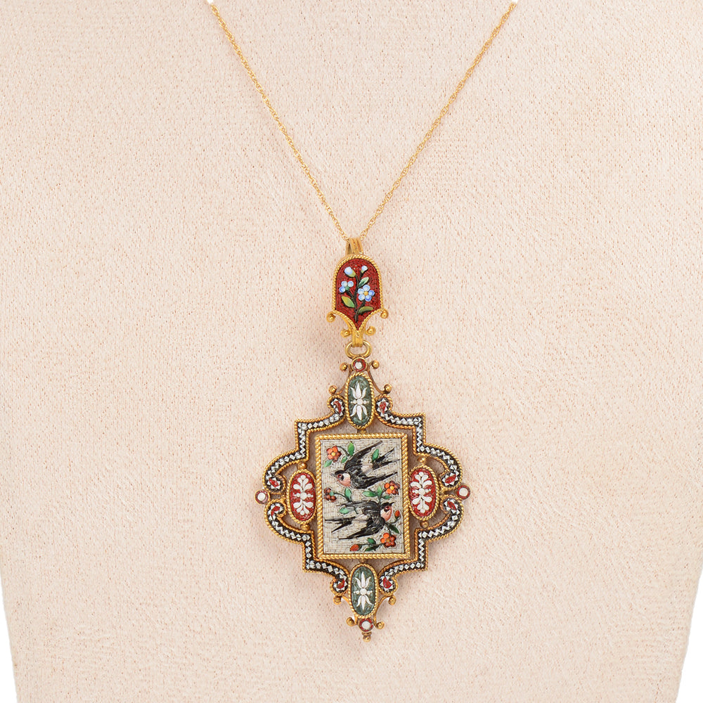 Antique Barn Swallow Bird Micromosaic Gold Pendant