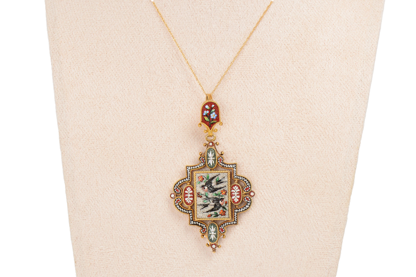 Antique Barn Swallow Bird Micromosaic Gold Pendant