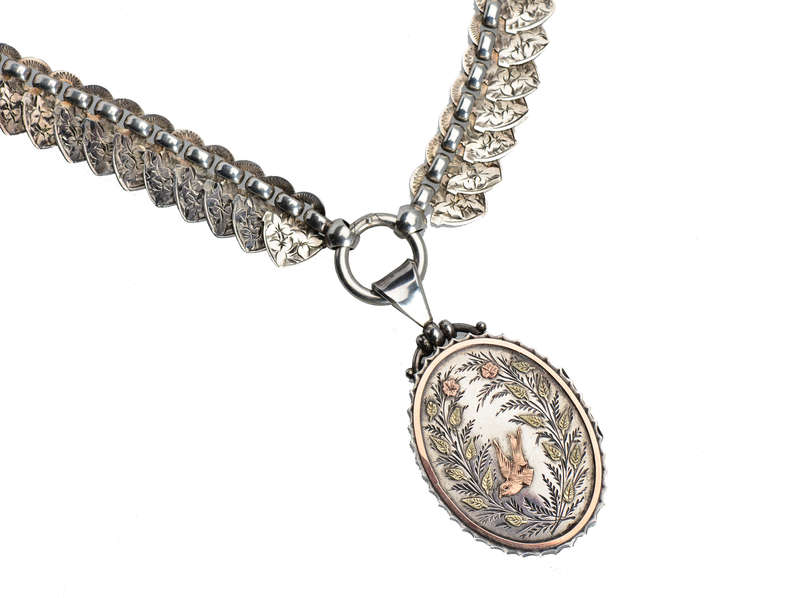 
                      
                        Victorian Silver Book Chain & Locket With Swallow Bird
                      
                    