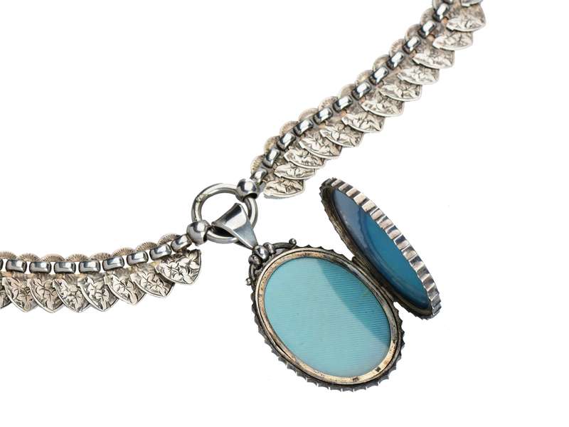Victorian Silver Book Chain & Locket With Swallow Bird