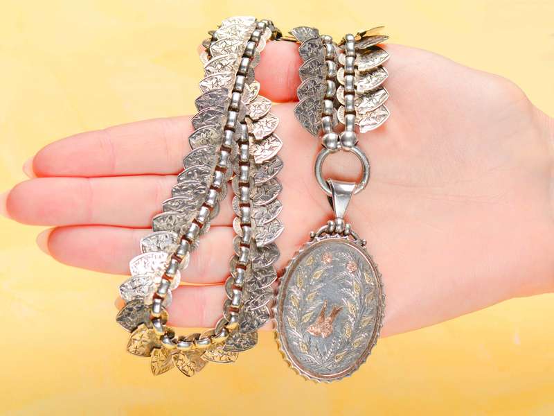Victorian Silver Book Chain & Locket With Swallow Bird