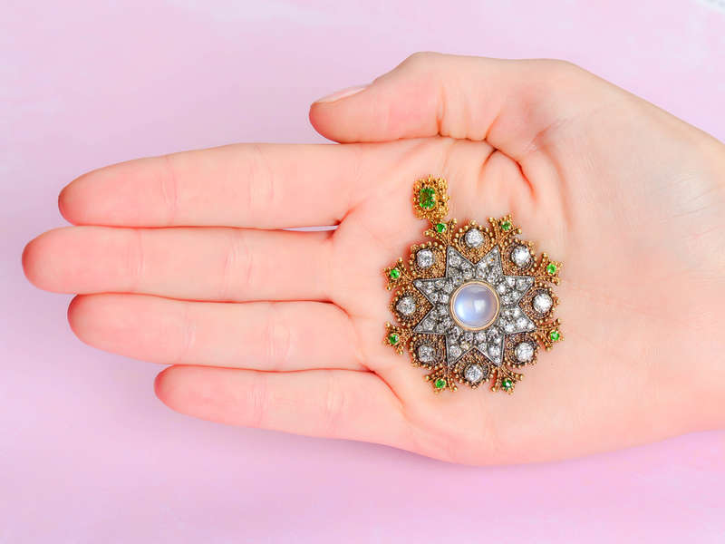 Victorian Demantoid, Moonstone & Diamond Pendant