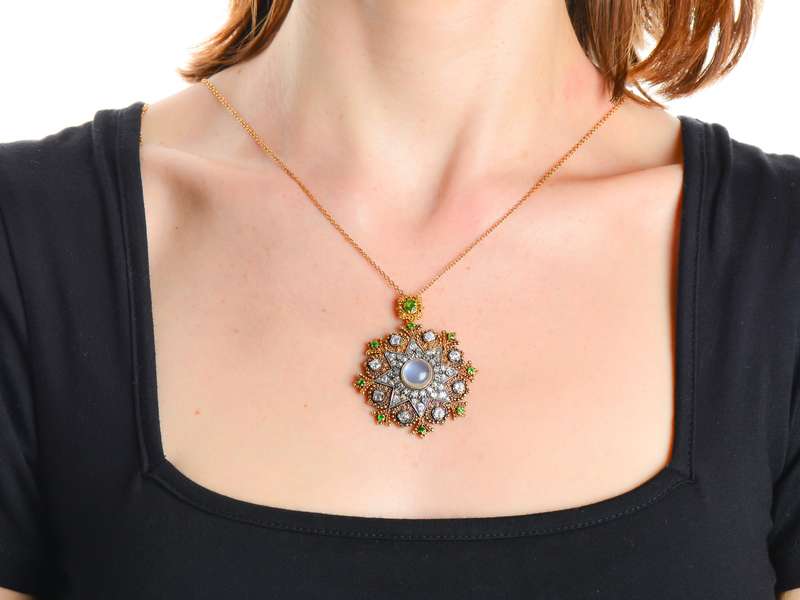 Victorian Demantoid, Moonstone & Diamond Pendant