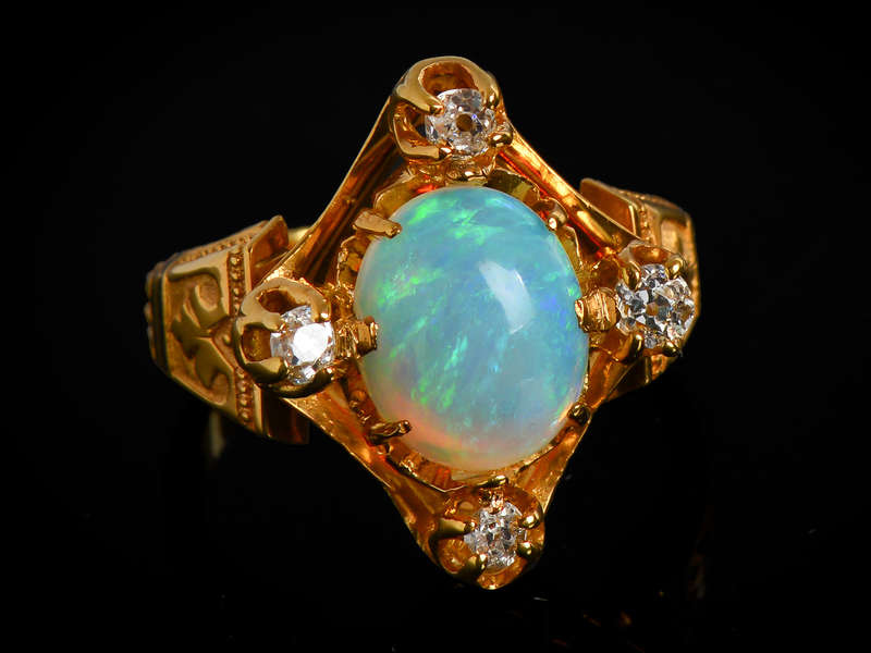 Victorian Antique Opal Four Diamond Ring