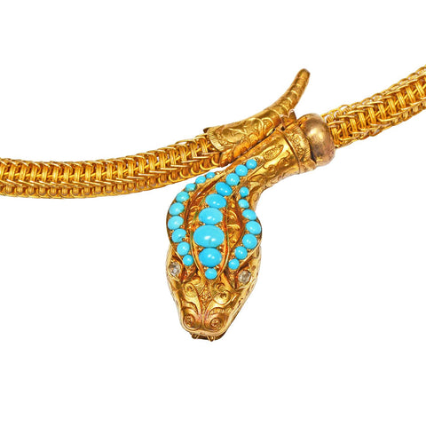 Sinuous Antique Victorian Woven Gold & Turquoise Snake Necklace