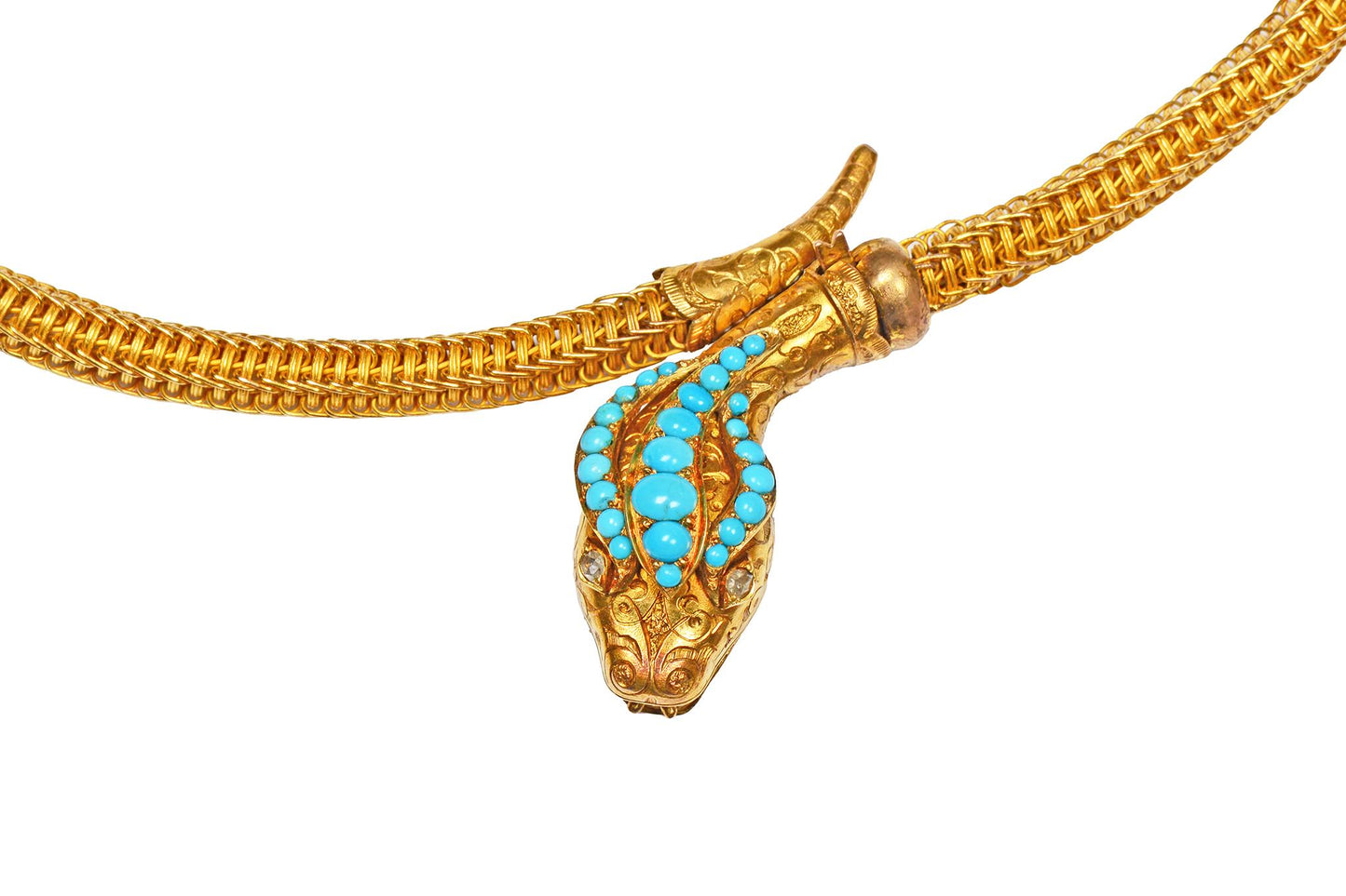 Sinuous Antique Victorian Woven Gold & Turquoise Snake Necklace