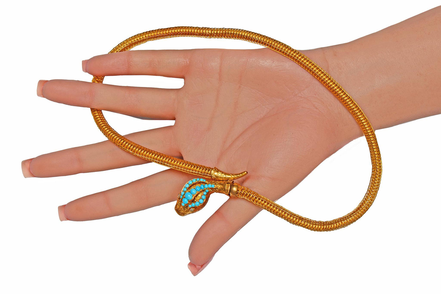 Sinuous Antique Victorian Woven Gold & Turquoise Snake Necklace