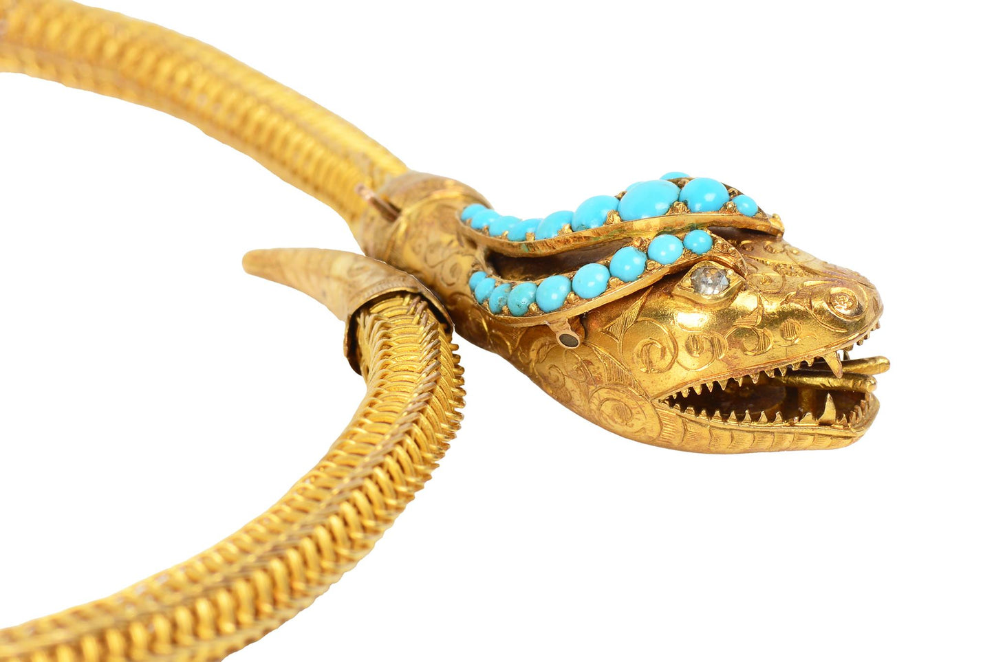 Sinuous Antique Victorian Woven Gold & Turquoise Snake Necklace