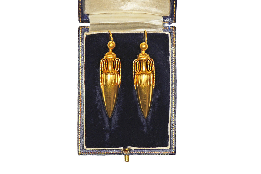 Ancient Evenings - Victorian Gold Urn Antique Earrings in Box