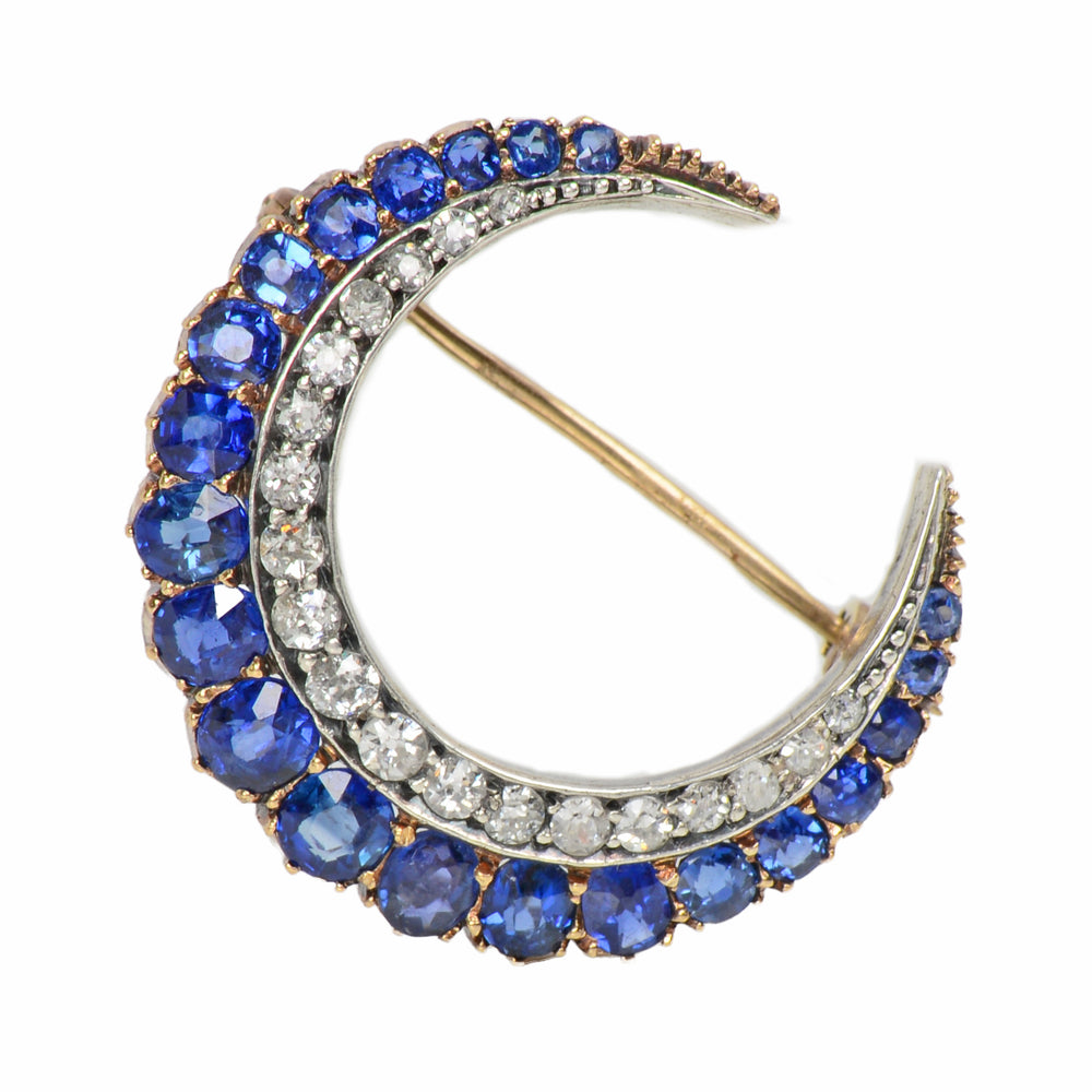 Victorian Antique Sapphire Diamond Crescent Moon Brooch
