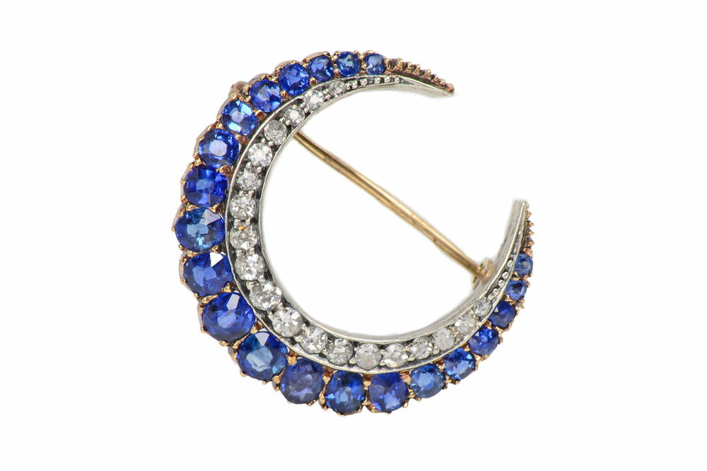 Victorian Antique Sapphire Diamond Crescent Moon Brooch