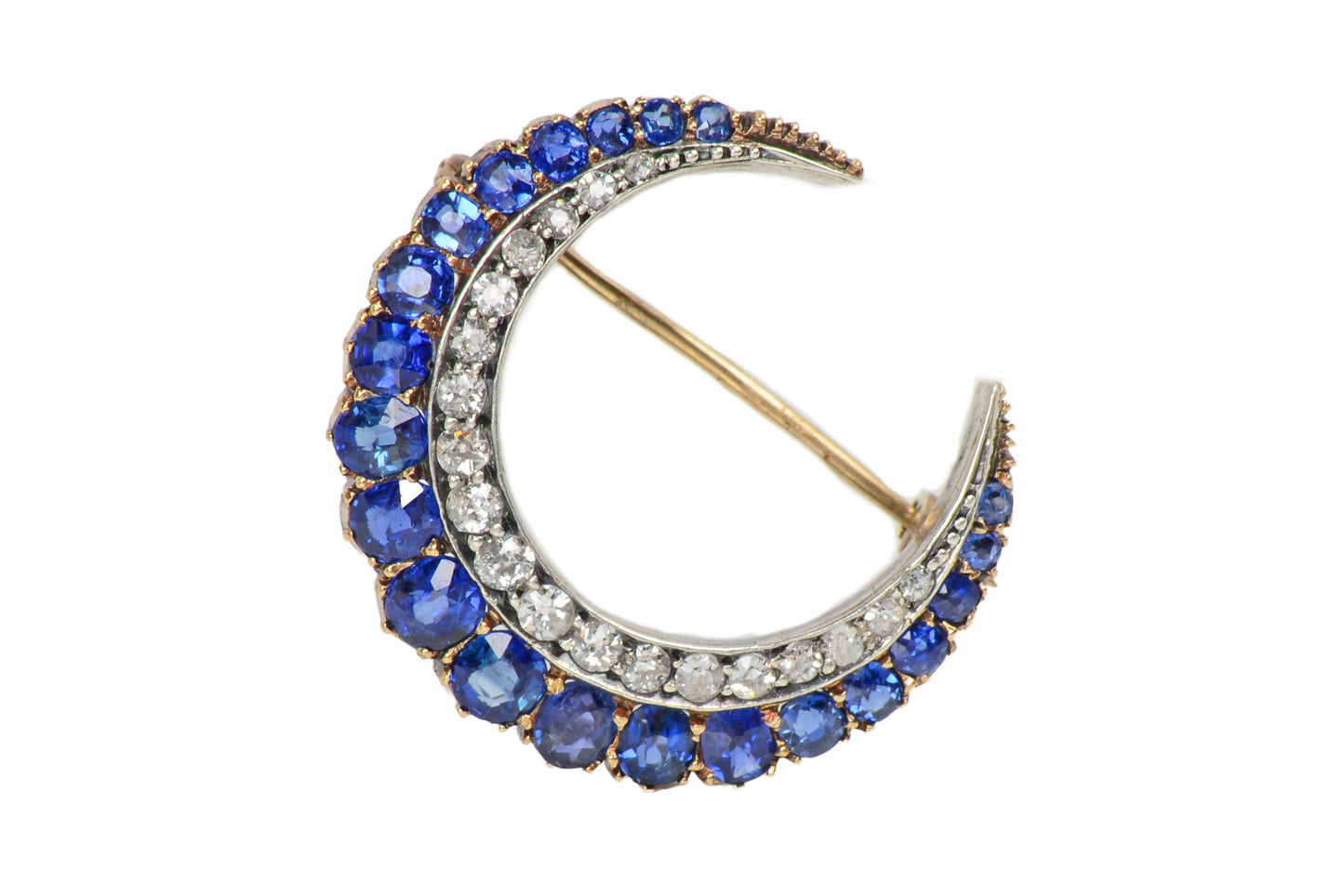 Victorian Antique Sapphire Diamond Crescent Moon Brooch