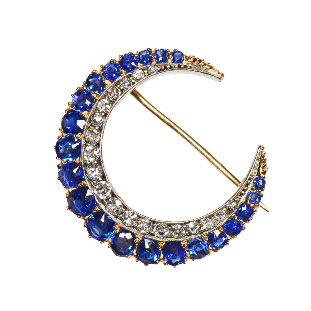 Victorian Antique Sapphire Diamond Crescent Moon Brooch