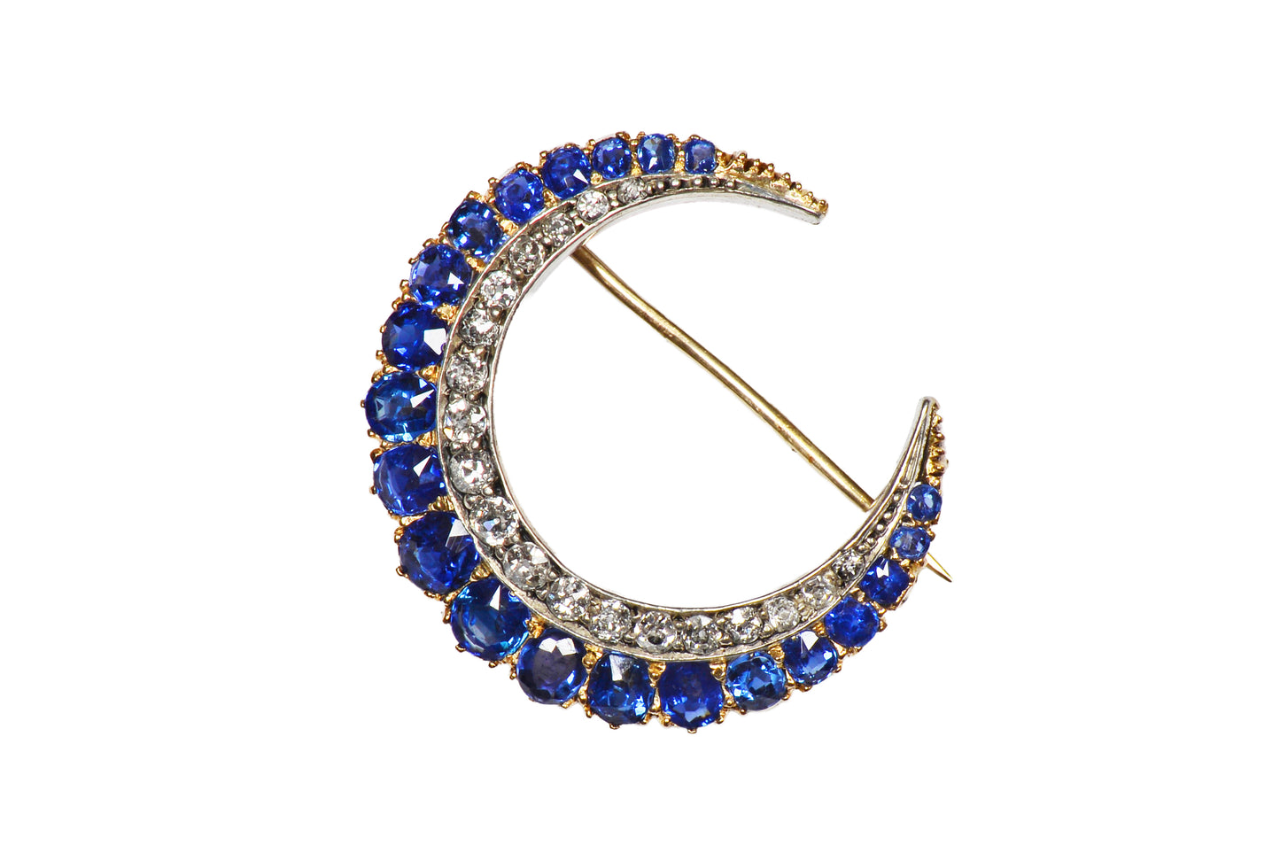 Victorian Antique Sapphire Diamond Crescent Moon Brooch
