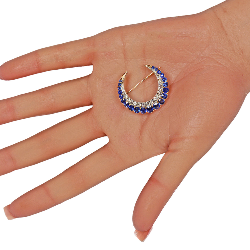 
                      
                        Victorian Antique Sapphire Diamond Crescent Moon Brooch
                      
                    