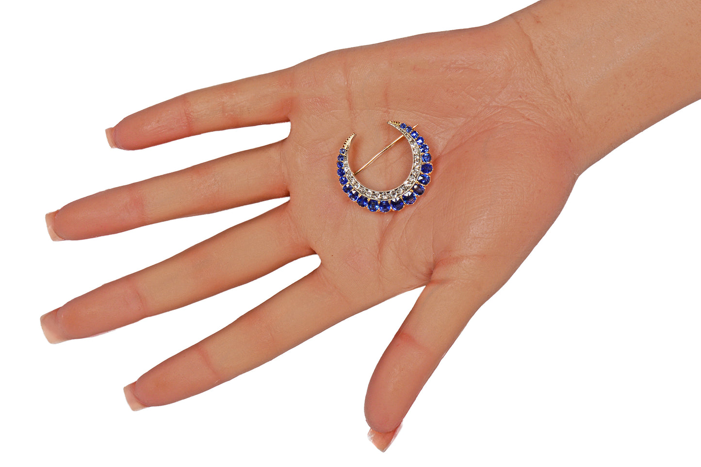 Victorian Antique Sapphire Diamond Crescent Moon Brooch