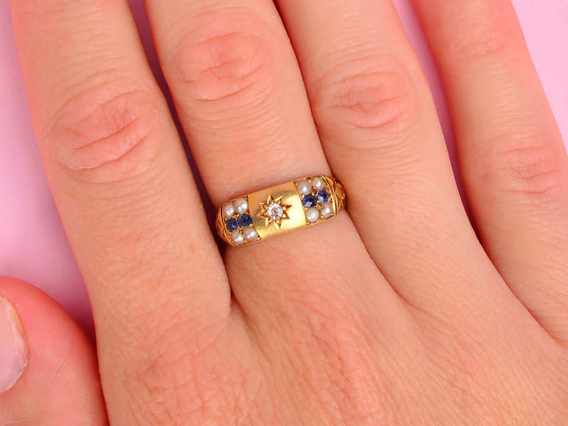 Edwardian Antique Pearl Sapphire Ring of 1904