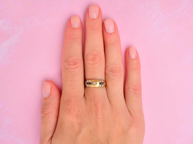 Edwardian Antique Pearl Sapphire Ring of 1904