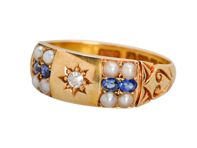 Edwardian Antique Pearl Sapphire Ring of 1904