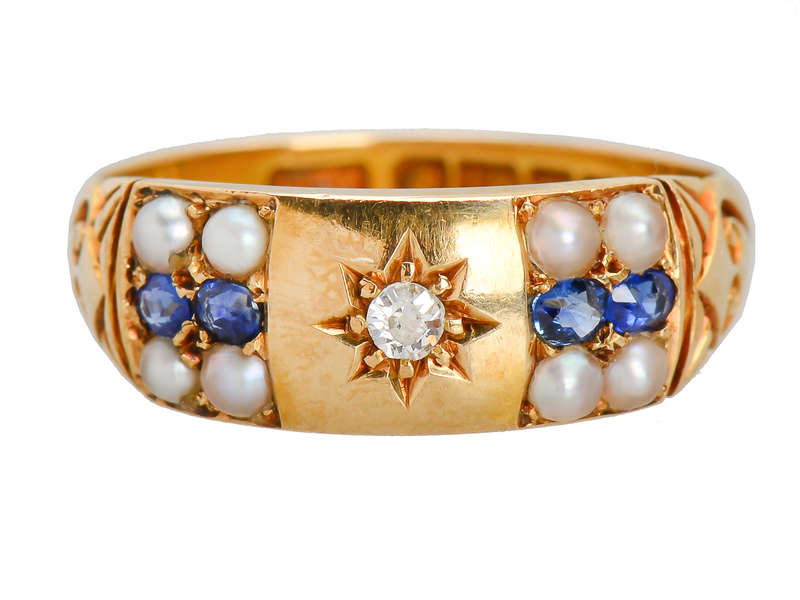 Edwardian Antique Pearl Sapphire Ring of 1904