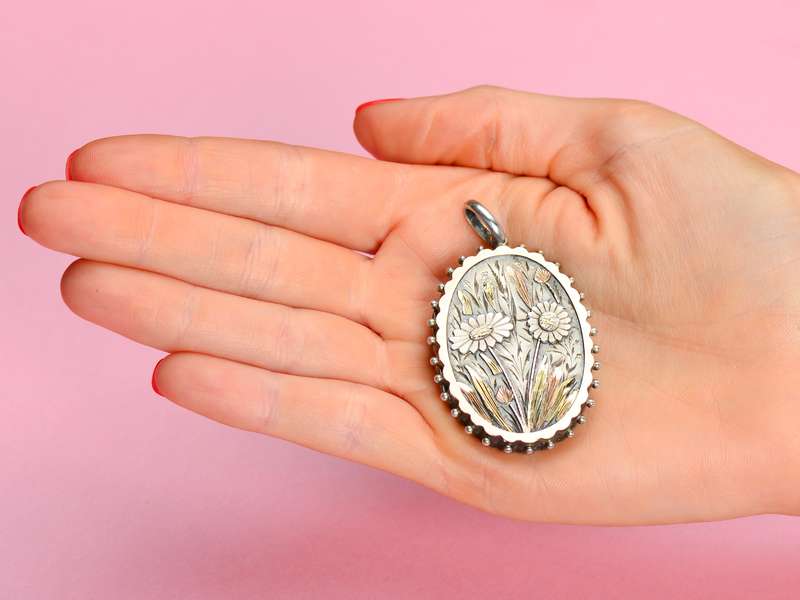 Sunflower Scene - Victorian Silver Locket 1881
