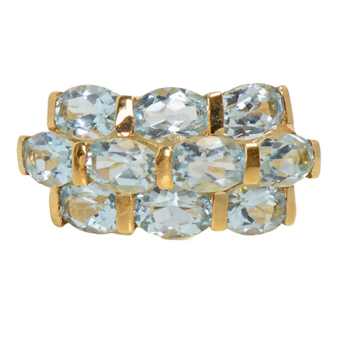 Vintage Aquamarine Yellow Gold Three Row Ring