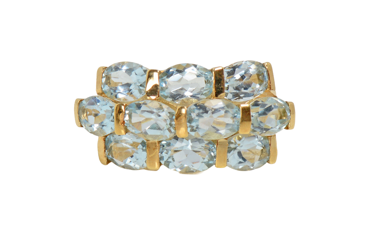 Vintage Aquamarine Yellow Gold Three Row Ring