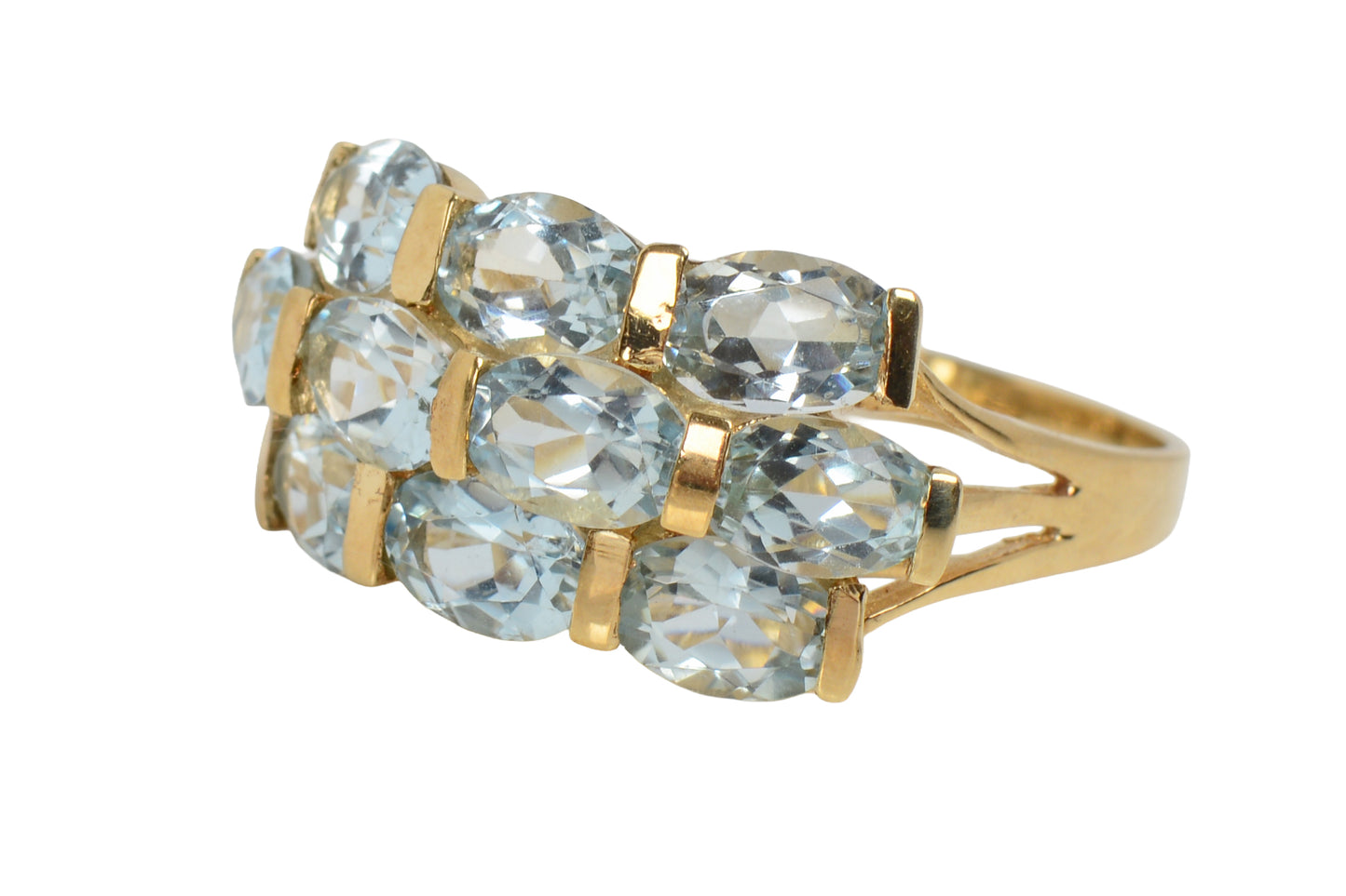 Vintage Aquamarine Yellow Gold Three Row Ring