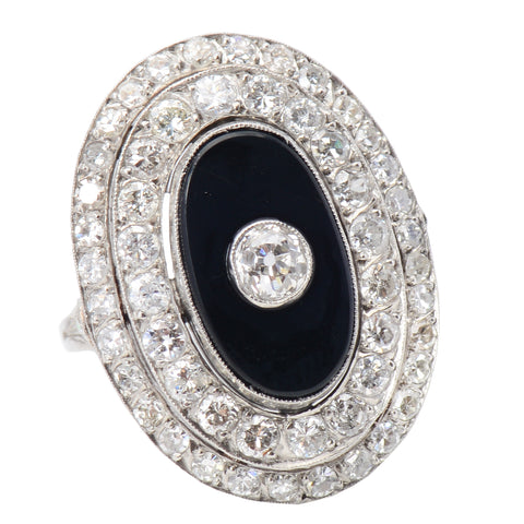 Dressy Oval Diamond Onyx Vintage Ring