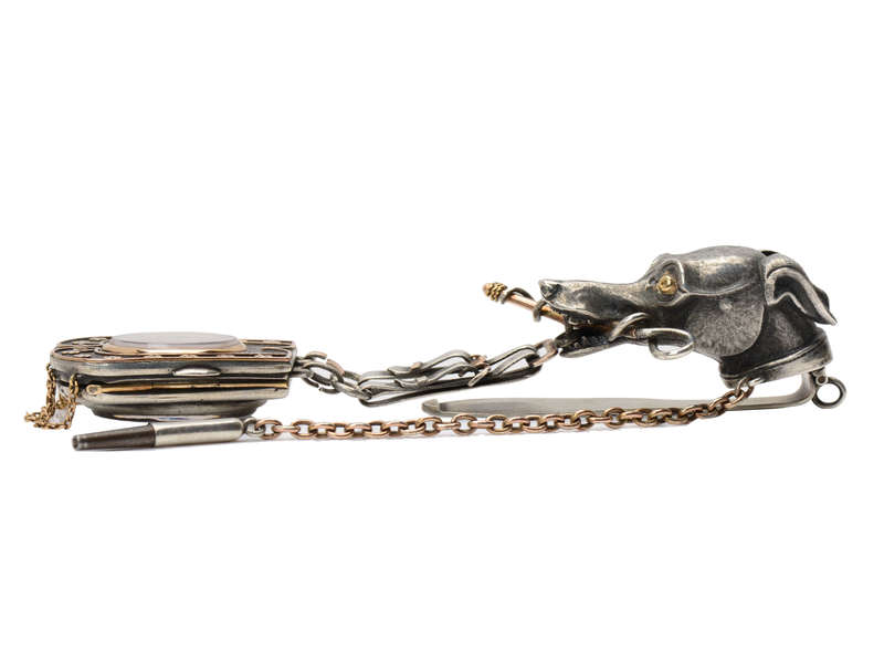 Amazing Dog Motif Silver & Gold Chatelaine Watch