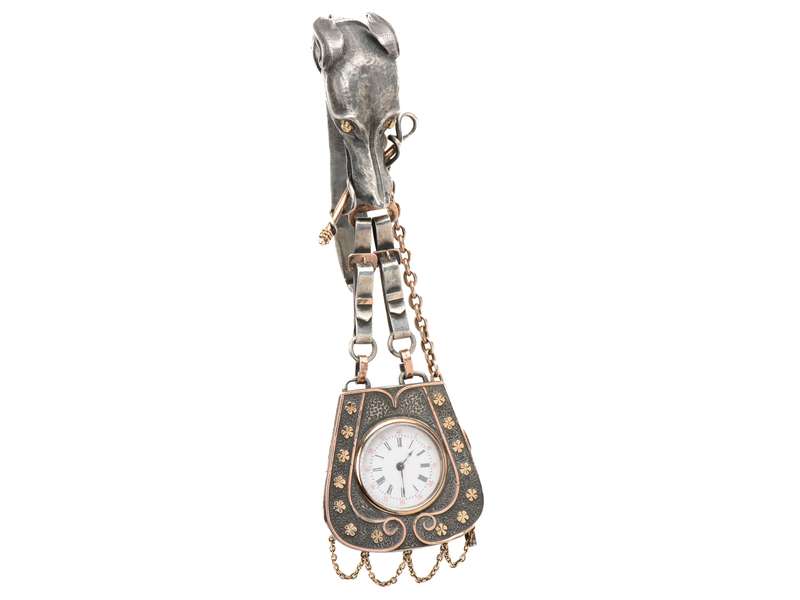 Amazing Dog Motif Silver & Gold Chatelaine Watch