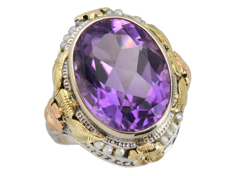 Grand Amethyst & Three Color Gold Filigree Ring