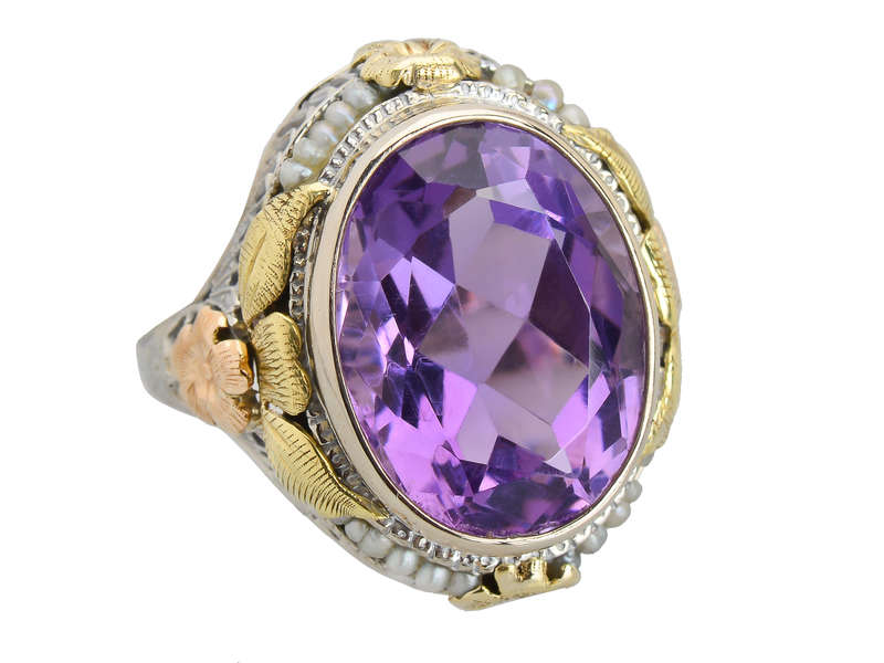 Grand Amethyst & Three Color Gold Filigree Ring