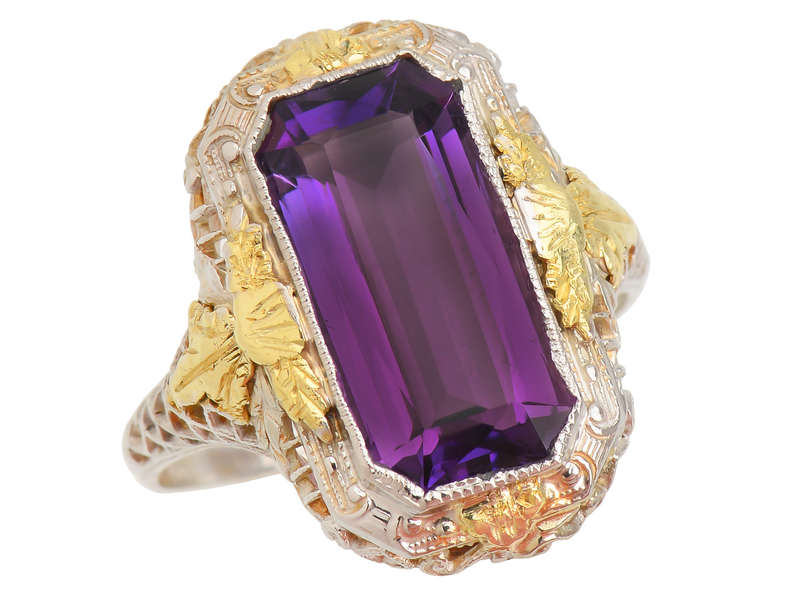 Art Deco Amethyst Two Tone Filigree Ring