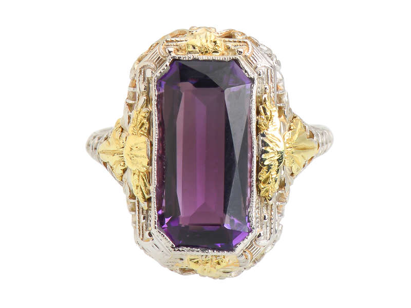 Art Deco Amethyst Two Tone Filigree Ring