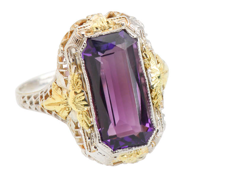 Art Deco Amethyst Two Tone Filigree Ring