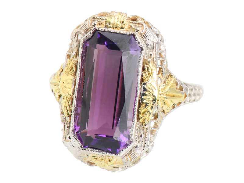 Art Deco Amethyst Two Tone Filigree Ring