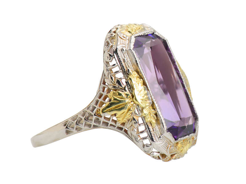 Art Deco Amethyst Two Tone Filigree Ring