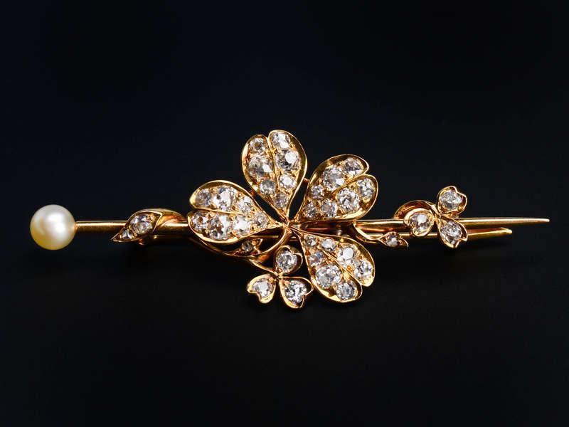 Antique Diamond Clover Pearl Brooch