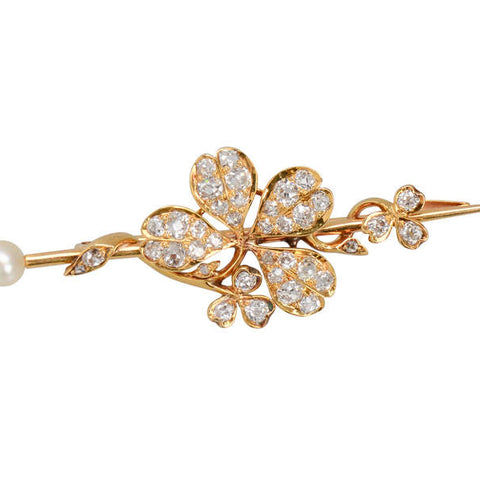Antique Diamond Clover Pearl Brooch