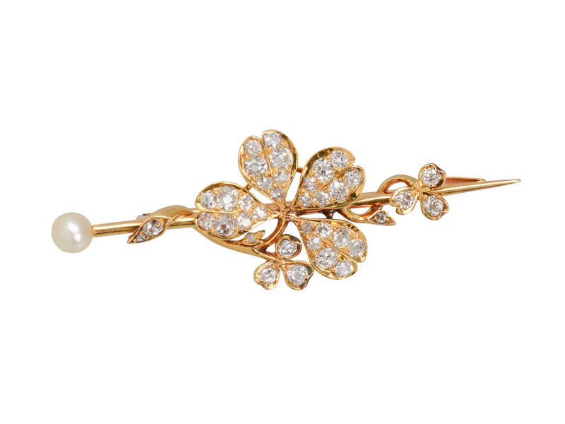 Antique Diamond Clover Pearl Brooch
