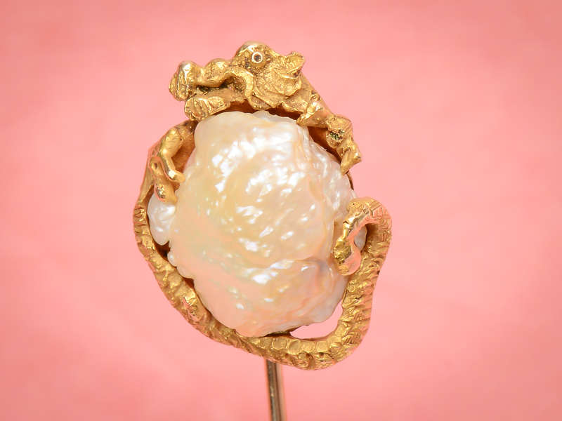 Antique Gold & Natural Pearl Dragon Stickpin