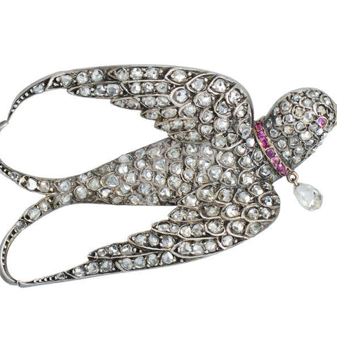 Antique Victorian Diamond Ruby Swallow Bird Brooch