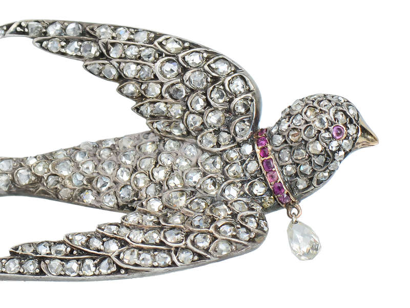 Antique Victorian Diamond Ruby Swallow Bird Brooch