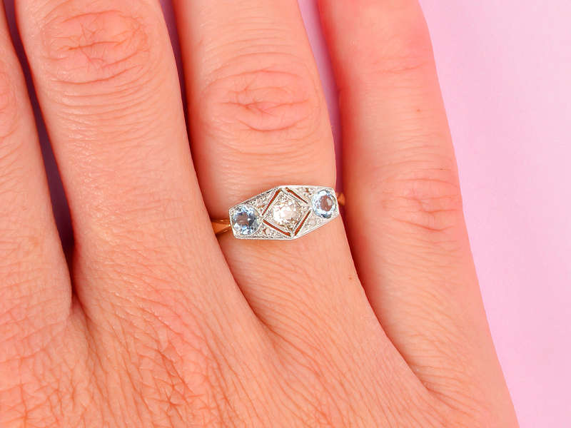 East West Aquamarine Old Mine Cut Diamond Ring