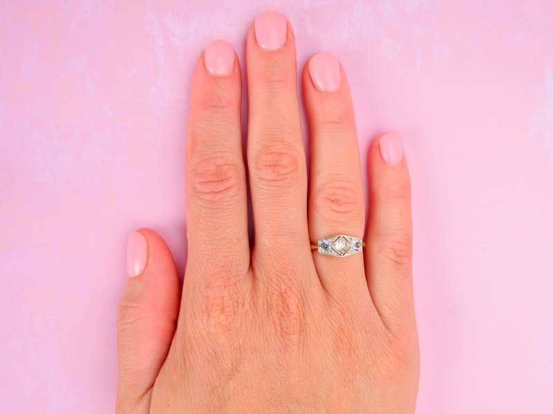 East West Aquamarine Old Mine Cut Diamond Ring