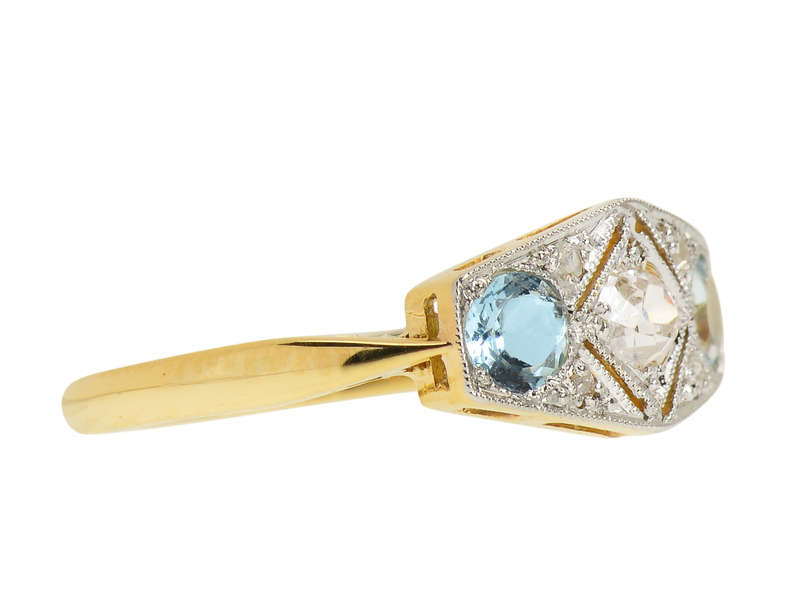 East West Aquamarine Old Mine Cut Diamond Ring